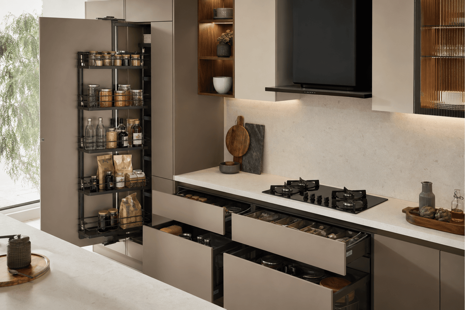 Modular kitchen storage, pantry, drawers, and accessories